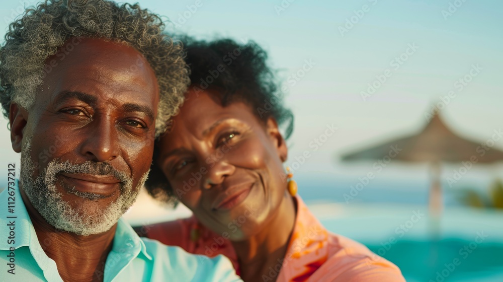A middle-aged couple stands together smiling at the camera with a serene pool in the background. A middle-aged couple stands together smiling at the camera with a serene pool in the background.