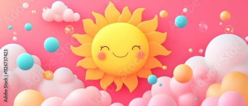 Happy Smiling Sun Cartoon with Pink Clouds and Colorful Bubbles Background photo