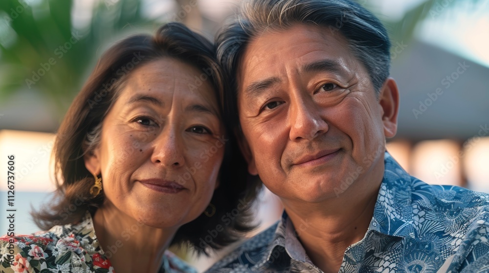 Capturing a joyful moment of a middle-aged couple posing by the resort pool during their holiday. Capturing a joyful moment of a middle-aged couple posing by the resort pool during their holiday.