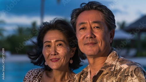 Smiling middle-aged tourists capture a memory at a resort poolside on a sunny vacation day.