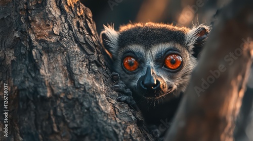 Common Brown Lemur Resting on a Tree Trunk in Natural Habitat of Madagascar. Generative AI photo