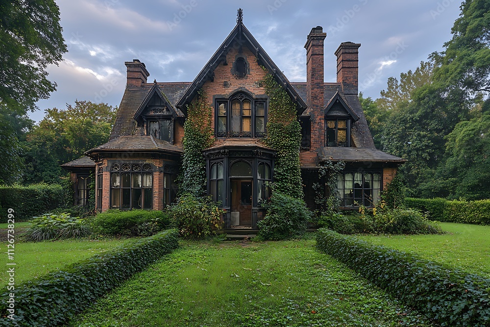 An old, ivy-covered mansion stands on a lush green lawn, bathed in the soft light of evening. An old, ivy-covered mansion stands on a lush green lawn, bathed in the soft light of evening.