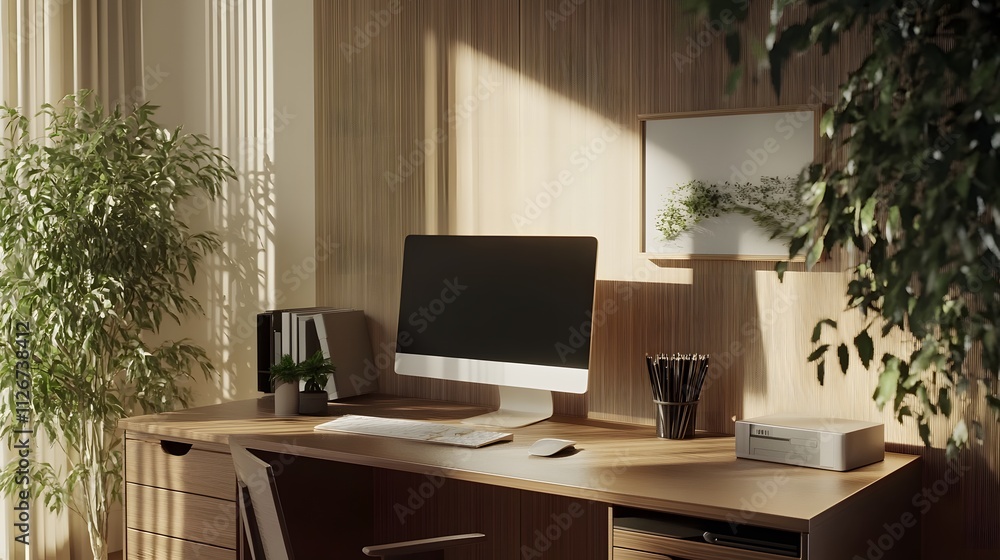 Fototapeta premium Sunlit Minimalist Home Office Workspace Design