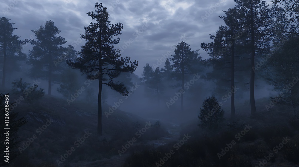 Misty Pine Forest at Dusk: A 3D Render. AI Generated Misty Pine Forest at Dusk: A 3D Render. AI Generated