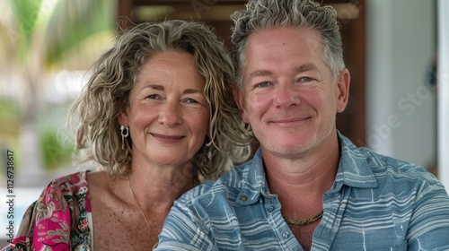 Man and woman enjoying their tropical escape, posing near the resort pool surrounded by lush palm trees.