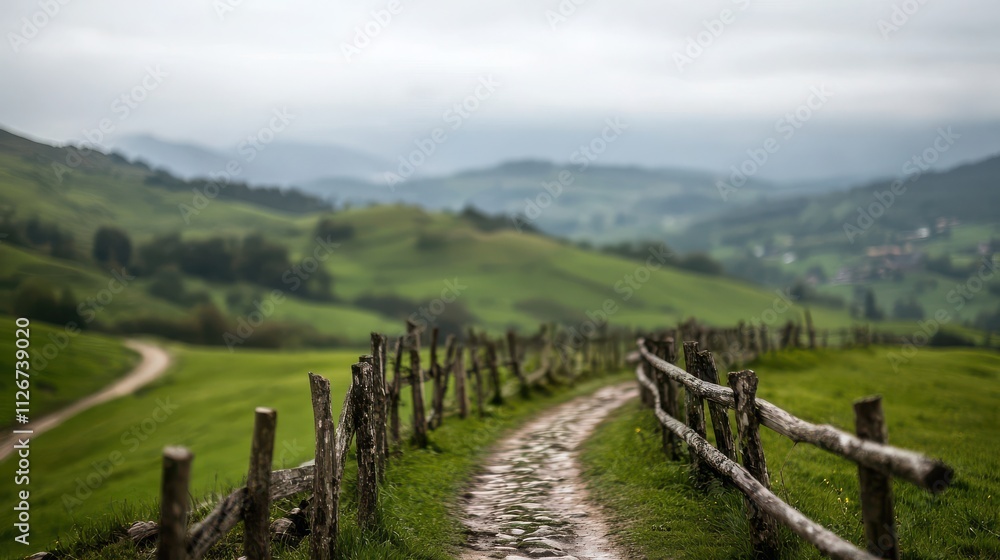 Journey through scenic countryside winding road and fence Journey through scenic countryside winding road and fence