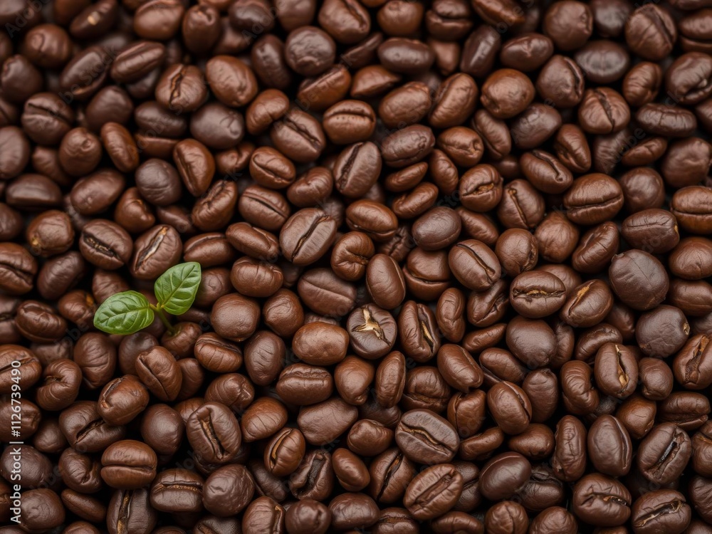 Fototapeta premium Close up image of coffee beans with one small bean in the center, brown, coffee, small