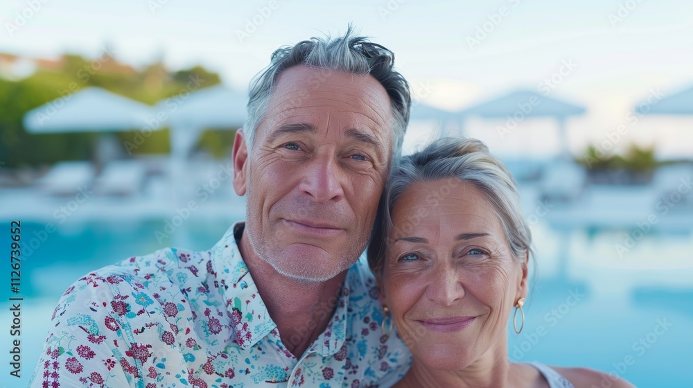 Man and woman enjoying their time near the pool, the lush resort environment showcasing a perfect vacation spot. Man and woman enjoying their time near the pool, the lush resort environment showcasing a perfect vacation spot.