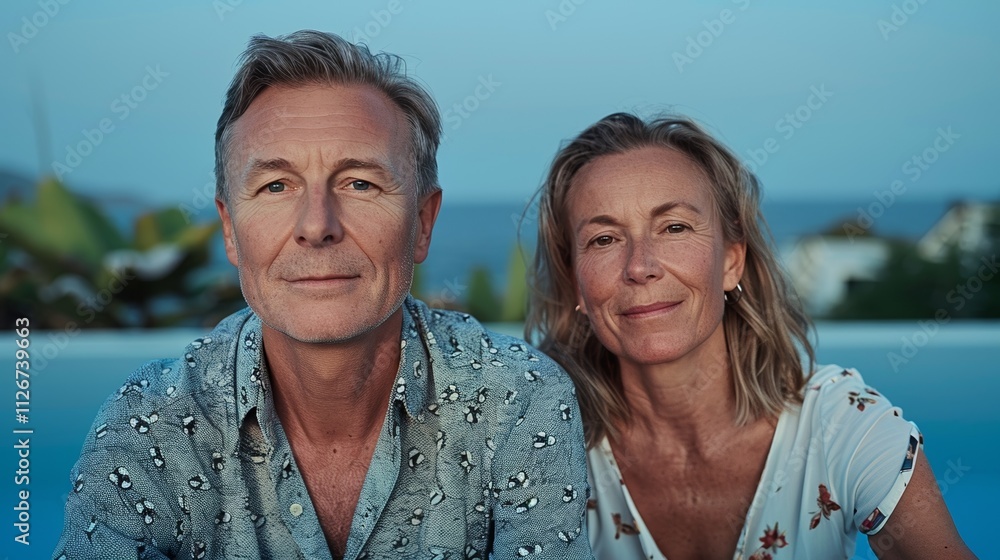 The image depicts a middle-aged couple sitting together with a blurred background featuring a body Of water and buildings. The image depicts a middle-aged couple sitting together with a blurred background featuring a body Of water and buildings.