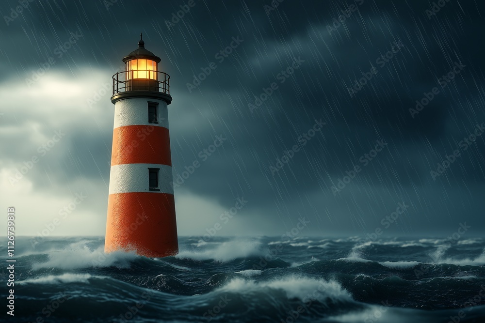 Dramatic Lighthouse Standing Tall Amidst Big Waves and Dark Stormy Skies, Illuminating the Sea with its Bright Light and Guiding Ships Safely Through Turbulent Waters Dramatic Lighthouse Standing Tall Amidst Big Waves and Dark Stormy Skies, Illuminating the Sea with its Bright Light and Guiding Ships Safely Through Turbulent Waters