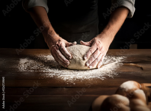 Close-up of hands kneading a ball of dough dusted with flour on a dark wooden surface. Fresh baked bread is visible in the background. A rustic, dimly lit scene evokes the craft of baking.