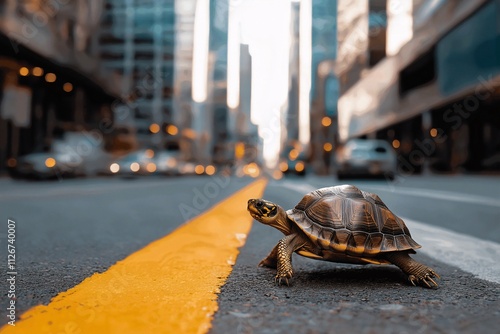 A turtle crossing a busy city street, showcasing the contrast between slow and fast movement in an urban environment filled with towering buildings. photo