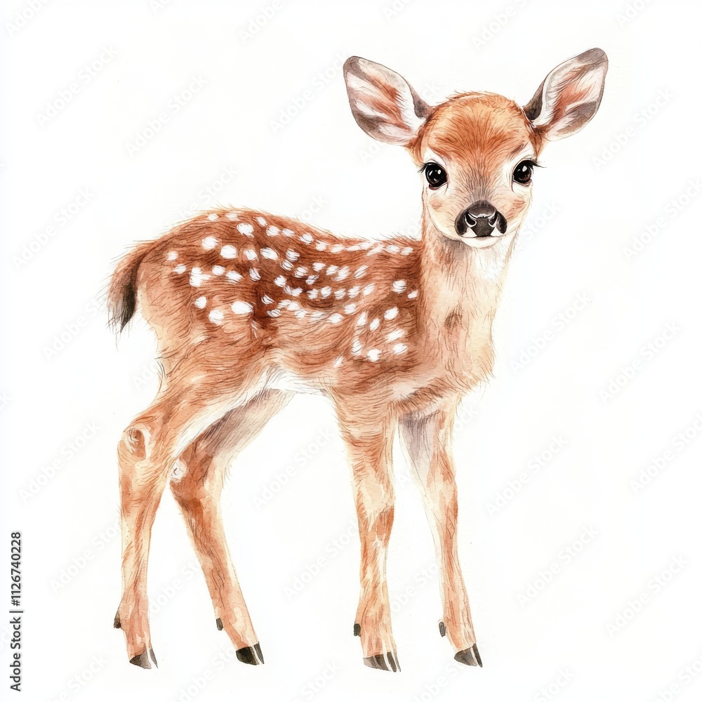 An isolated watercolor baby deer on a white background. A charming woodland animal illustration, ideal for children's designs. An isolated watercolor baby deer on a white background. A charming woodland animal illustration, ideal for children's designs.