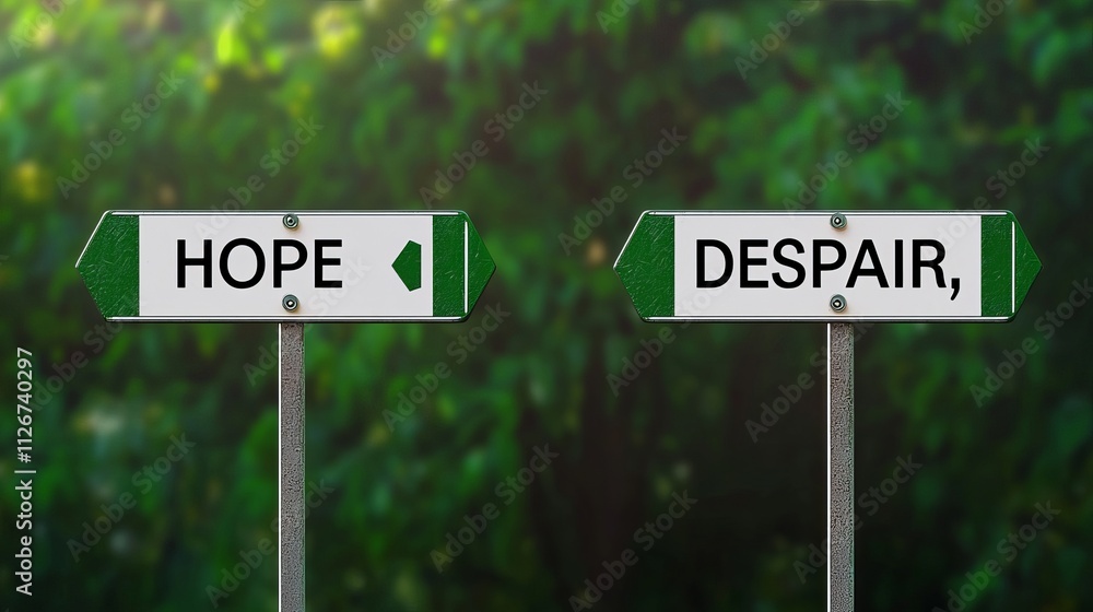 Directional signs indicating 'Hope' and 'Despair' with lush greenery in the background. Directional signs indicating 'Hope' and 'Despair' with lush greenery in the background.