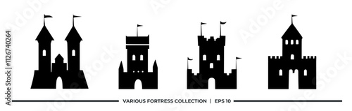 A collection of silhouette fortress designs with flags, suitable for graphic resources.