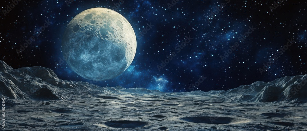 Fototapeta premium Majestic Moonrise over Cratered Alien Planet Landscape, Stunning Space Scene
