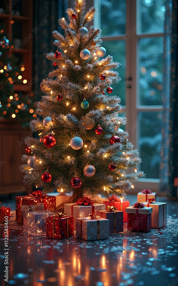 Beautiful and vibrant Christmas tree filled with highly detailed crystal gifts, Generative AI Beautiful and vibrant Christmas tree filled with highly detailed crystal gifts, Generative AI