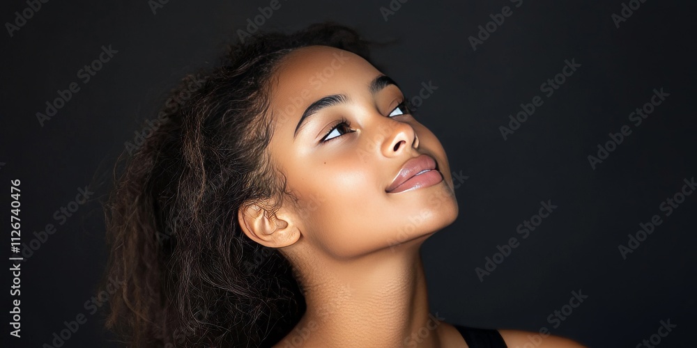 Young beautiful girl with a relaxed profile pose showcases her natural beauty and confident smile against an isolated background, highlighting the essence of youth and grace. Young beautiful girl with a relaxed profile pose showcases her natural beauty and confident smile against an isolated background, highlighting the essence of youth and grace.