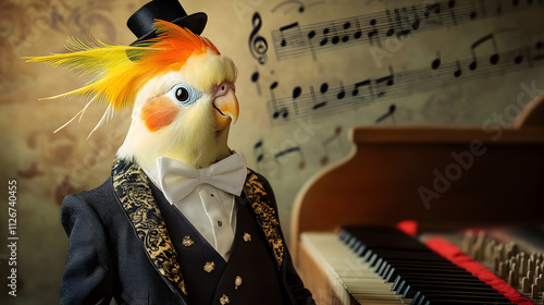 Musical Plumes: A Cockatiel's Elegant Performance in a Pianist's Tuxedo and Hat photo