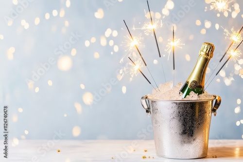 Champagne Bottle in Ice Bucket with Sparklers and Glass, Festive Celebration Scene photo