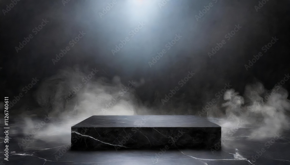 Elegant Empty Black Marble Table Podium Set Against a Dark Room with a Black Stone Floor and Enveloping Smoke, Perfect for Dramatic Presentations and Artistic Displays Elegant Empty Black Marble Table Podium Set Against a Dark Room with a Black Stone Floor and Enveloping Smoke, Perfect for Dramatic Presentations and Artistic Displays