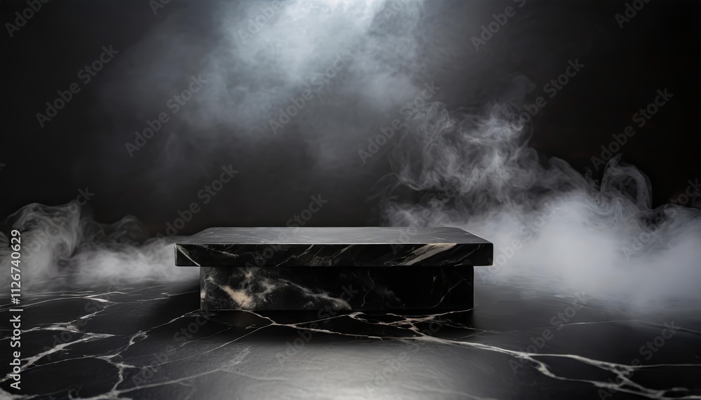 Elegant Empty Black Marble Table Podium Set Against a Black Stone Floor in a Dark Room with Ethereal Smoke Effects for a Dramatic Atmosphere and HighQuality Visual Appeal Elegant Empty Black Marble Table Podium Set Against a Black Stone Floor in a Dark Room with Ethereal Smoke Effects for a Dramatic Atmosphere and HighQuality Visual Appeal