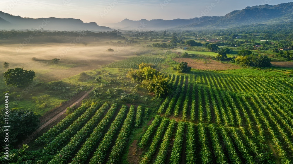 Fototapeta premium A birdâ€™s eye view of a thriving chili plantation, rows of red and green chili plants stretching into the horizon, with a soft mist and warm morning light casting long shadows