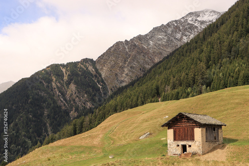 Stille Alpenlandschaft im Bergell; Alpe Tombal oberhalb von Soglio mit Piz da Cävi (2844) photo