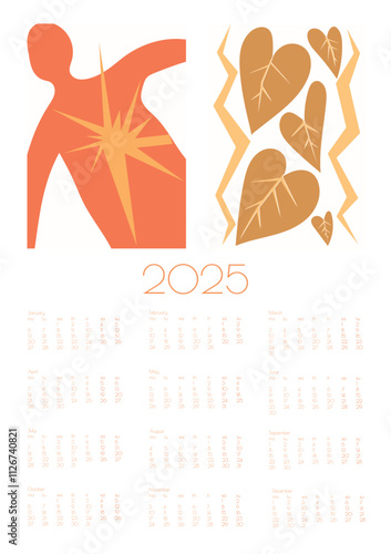 2025 Botanical Flower Doodles Vector Calendar. Red Orange Positive Daisy Art Deco Prints Modern Cartoon Flowers and Leaves Agenda. Abstract Summer Wall Planner. Year Planner with Abstract Print photo