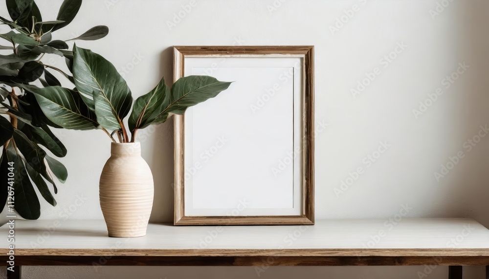 Modern Minimalist Interior with Empty Horizontal Frame Mockup Featuring a Stylish Plant in a Trendy Vase on White Background Perfect for Art Display and Home Decor Inspiration Modern Minimalist Interior with Empty Horizontal Frame Mockup Featuring a Stylish Plant in a Trendy Vase on White Background Perfect for Art Display and Home Decor Inspiration
