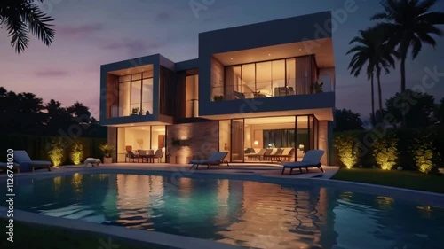 Wallpaper Mural Big contemporary villa with garden and swimming pool in the evening, 4k High-Quality Wallpaper Background Animation Video Torontodigital.ca