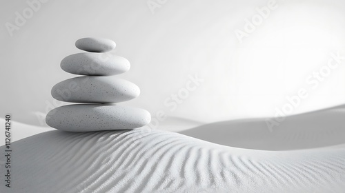 Serene Stacked Stones on a White Sand Dune: A 3D Render. AI Generated photo