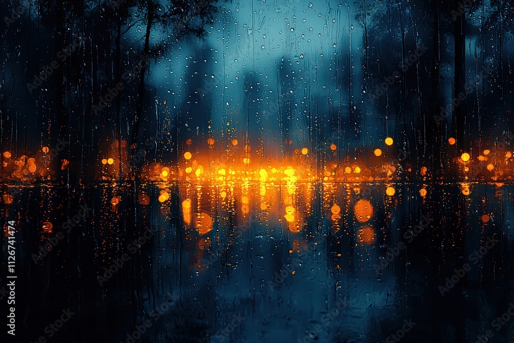Fototapeta premium Rain on window, blurred background, cool color palette