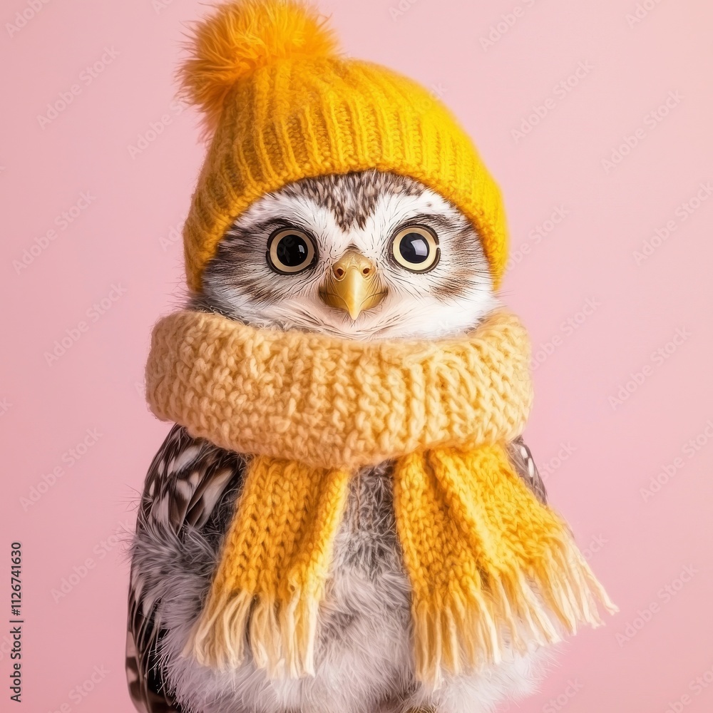 A sweet, tiny baby owl in warm winter clothes, a symbol of love. Soft, animal concept. Valentine's Day, romance, cute fairy tale creature. Illustration. Stock photo. A sweet, tiny baby owl in warm winter clothes, a symbol of love. Soft, animal concept. Valentine's Day, romance, cute fairy tale creature. Illustration. Stock photo.