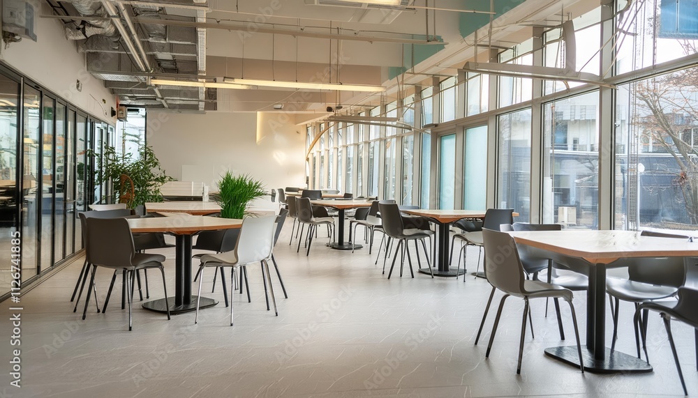 A Serene Empty Modern Cafe Bathed in Natural Light A Tranquil Space for Reflection and Creativity A Serene Empty Modern Cafe Bathed in Natural Light A Tranquil Space for Reflection and Creativity