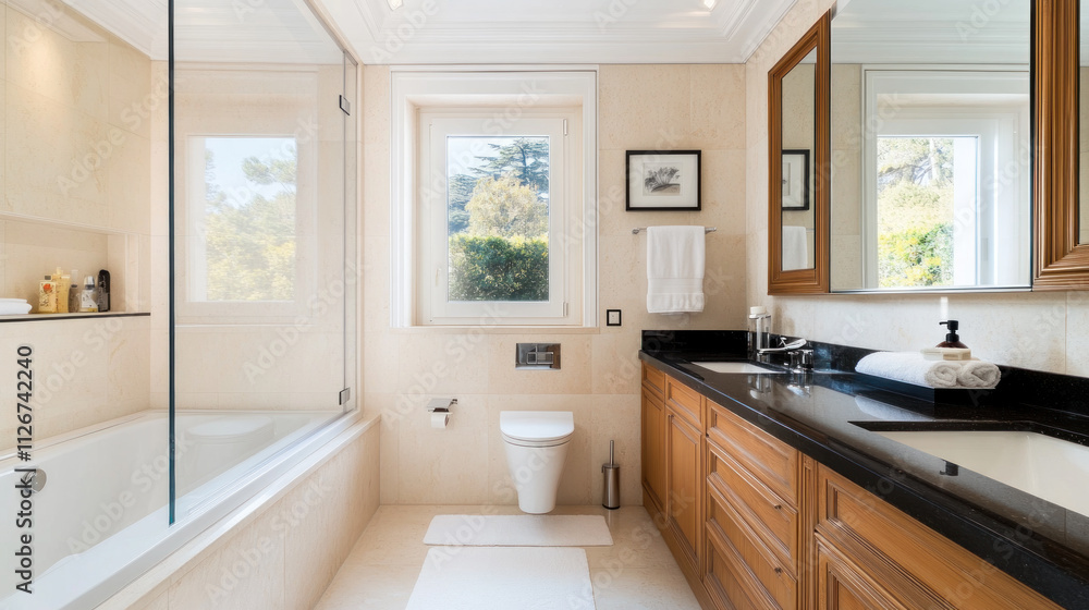 Fototapeta premium Large comfort Luxury Bathroom with Shower, Toilet and black accent