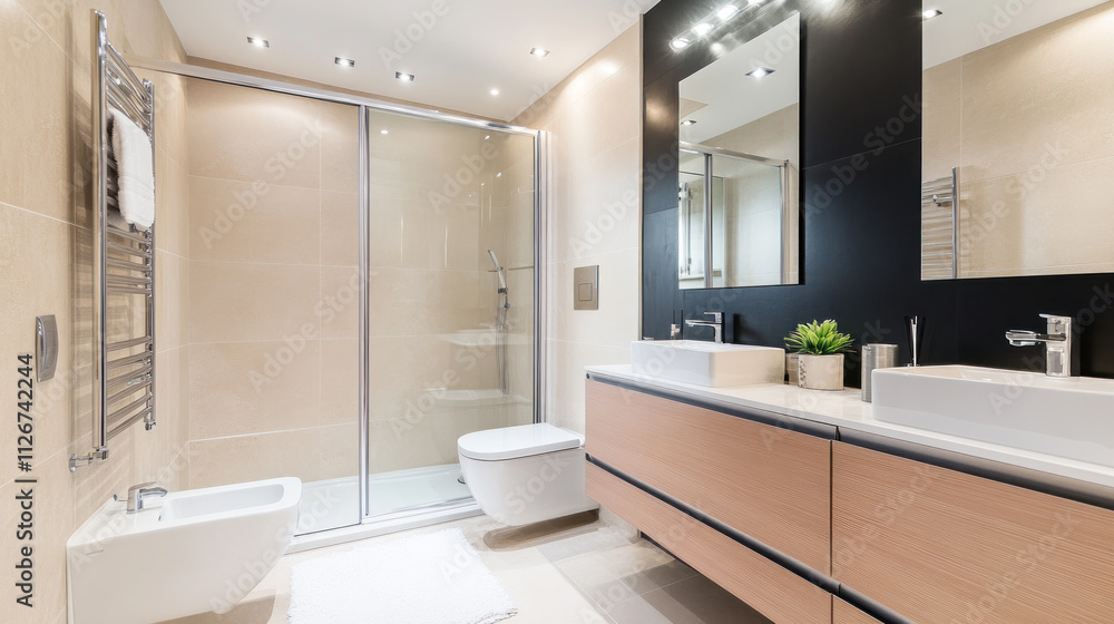 Large comfort Luxury Bathroom with Shower, Toilet and pink accent Large comfort Luxury Bathroom with Shower, Toilet and pink accent