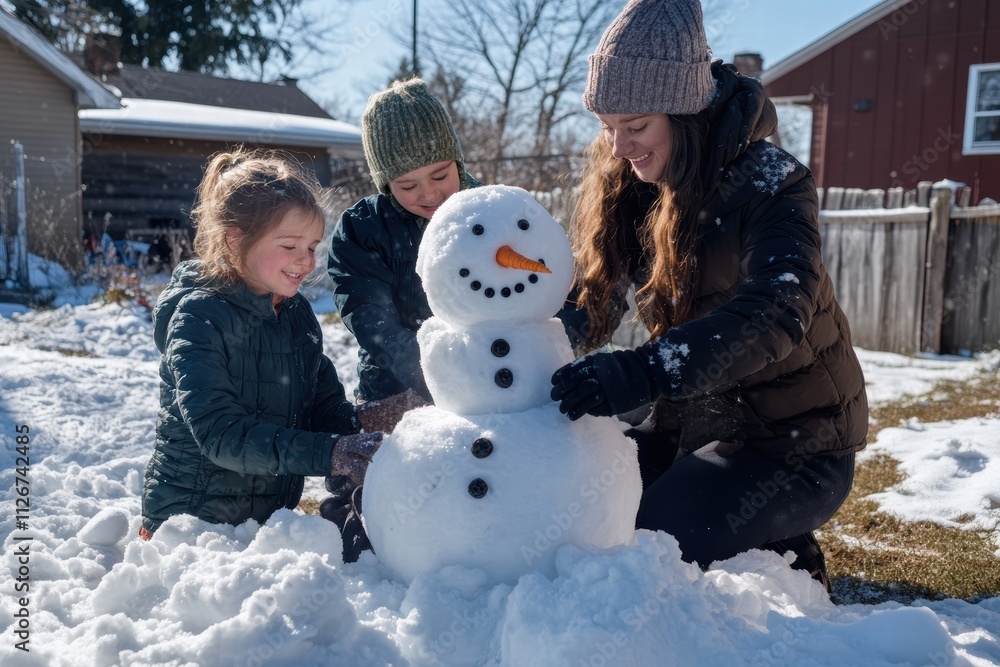 Family enjoys a winter day building a snowman in their snowy backyard Family enjoys a winter day building a snowman in their snowy backyard