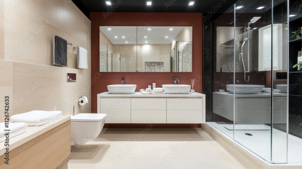 Large comfort Luxury Bathroom with Shower, Toilet and red accent Large comfort Luxury Bathroom with Shower, Toilet and red accent