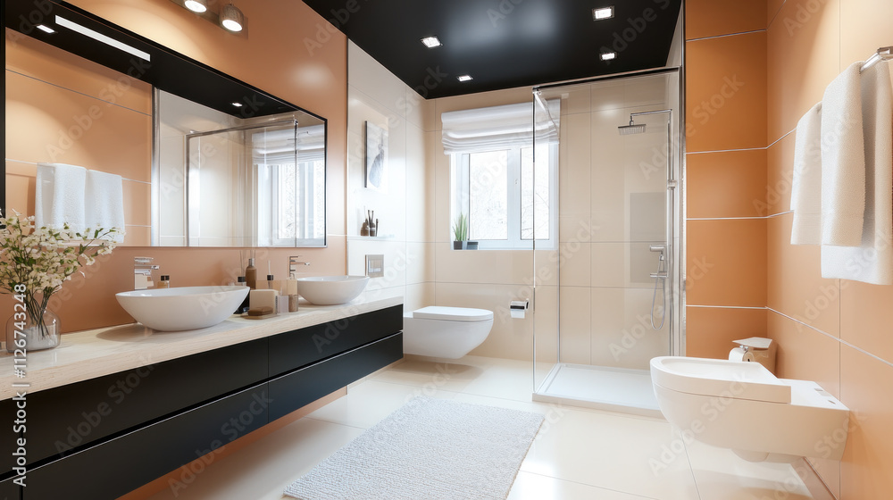 Large comfort Luxury Bathroom with Shower, Toilet and pink accent Large comfort Luxury Bathroom with Shower, Toilet and pink accent