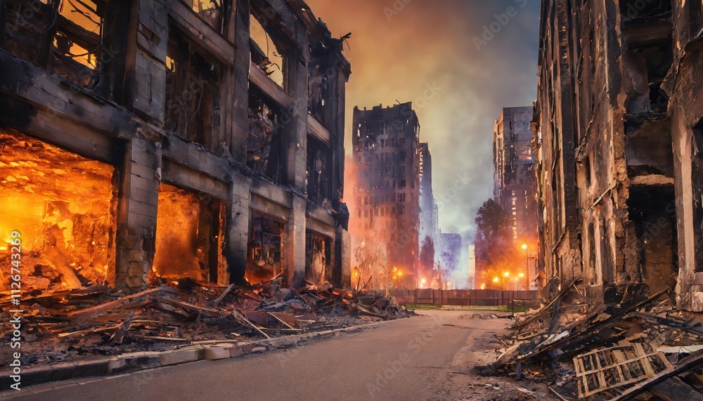 Obraz premium Echoes of Desolation A Haunting Journey Through the Ashen Remnants of a OnceVibrant Downtown Witness the Aftermath of Catastrophe in This Gripping Apocalyptic Tale