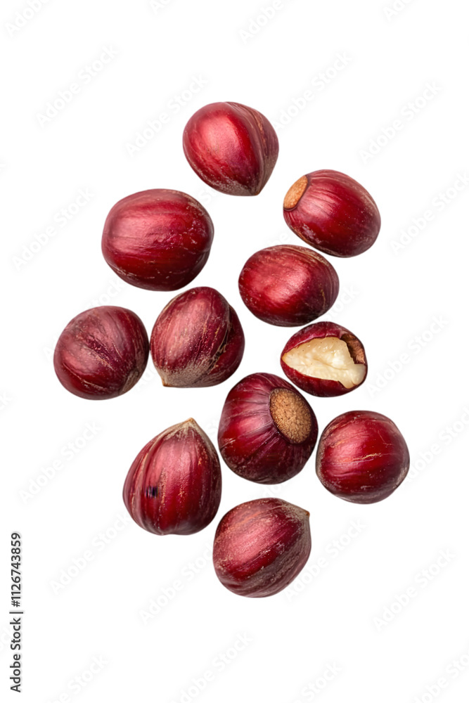 Fototapeta premium Red Nuts Isolated on White Background - Closeup Photography of Unique Nut Kernels