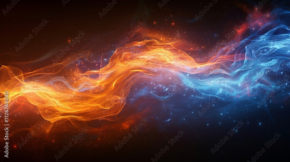 Fiery Energy Flow Collision and Blue Cosmic Flame, Mysterious Background with copy space Fiery Energy Flow Collision and Blue Cosmic Flame, Mysterious Background with copy space