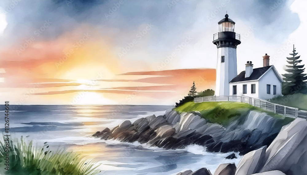 A lighthouse stands tall on a rocky cliff overlooking the ocean at sunset, with soft pastel colors painting the sky and water A lighthouse stands tall on a rocky cliff overlooking the ocean at sunset, with soft pastel colors painting the sky and water
