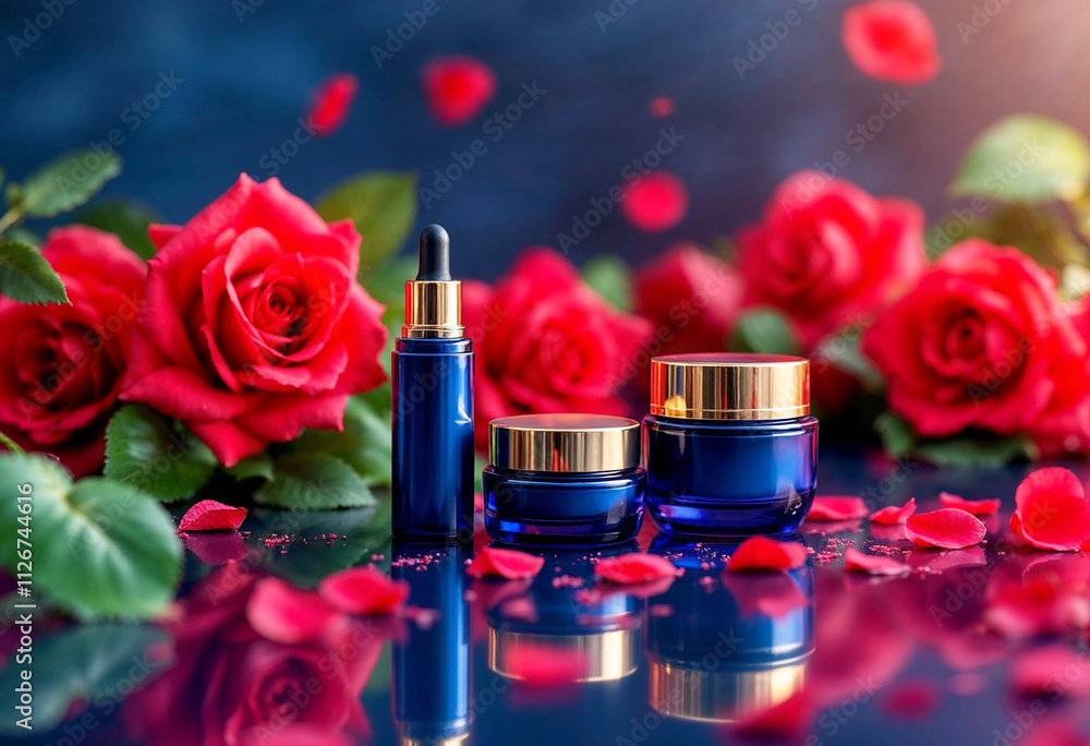 Skincare Products with Rose Petals on Blue Background Stock Photo Skincare Products with Rose Petals on Blue Background Stock Photo