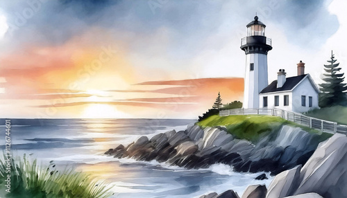 Wallpaper Mural A lighthouse stands tall on a rocky cliff overlooking the ocean at sunset, with soft pastel colors painting the sky and water Torontodigital.ca