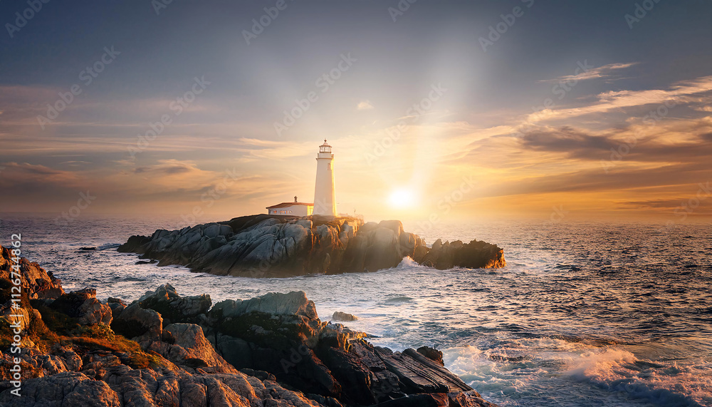 A lighthouse stands majestically on rocky cliffs by the ocean at sunset A lighthouse stands majestically on rocky cliffs by the ocean at sunset