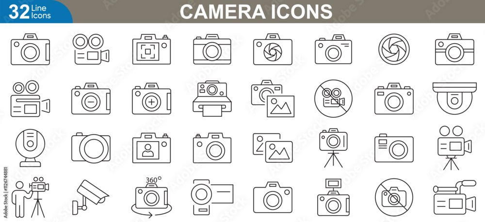 Camera icons set, Photography, lens, DSLR, shutter, film camera, tripod, flash, photo editing and more. Thin line icons set vector illustration. Camera icons set, Photography, lens, DSLR, shutter, film camera, tripod, flash, photo editing and more. Thin line icons set vector illustration.