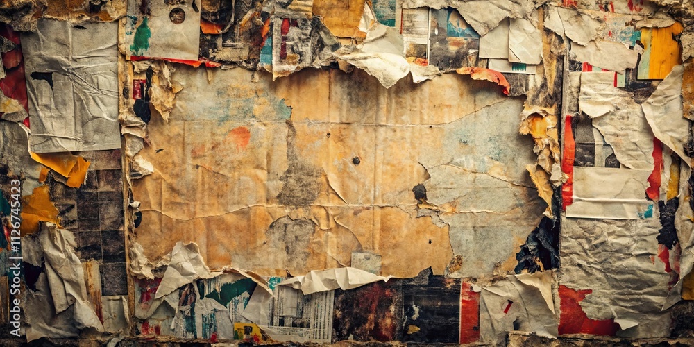 Aged paper texture with layered remnants of faded advertisements and ...