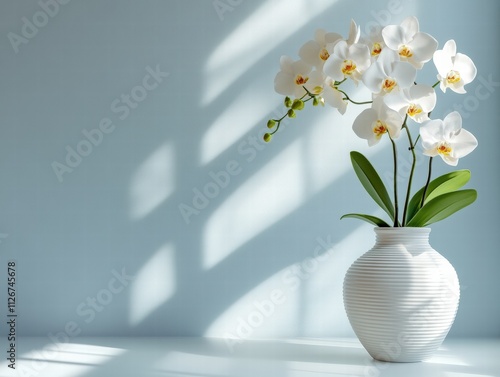 Elegant White Phalaenopsis Orchids in a Contemporary White Vase, Bathed in Soft Sunlight, Minimalist Home Decor.